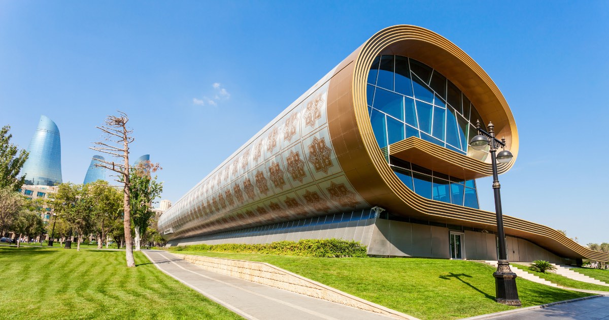 Azerbaijan Carpet Museum shaped like a rolled carpet