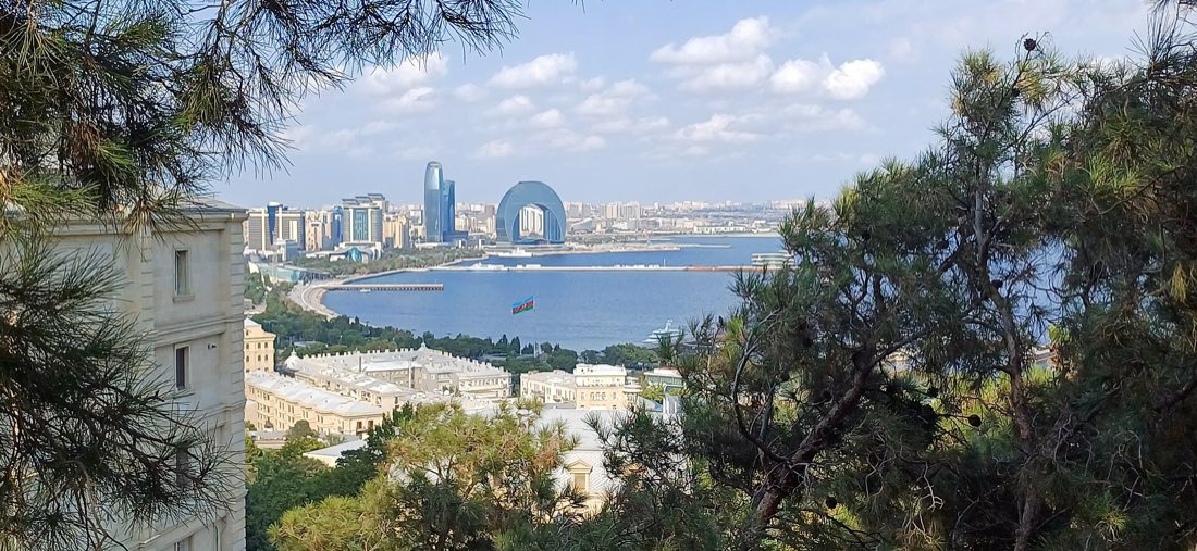 Baku Boulevard and the Caspian bay seen from above